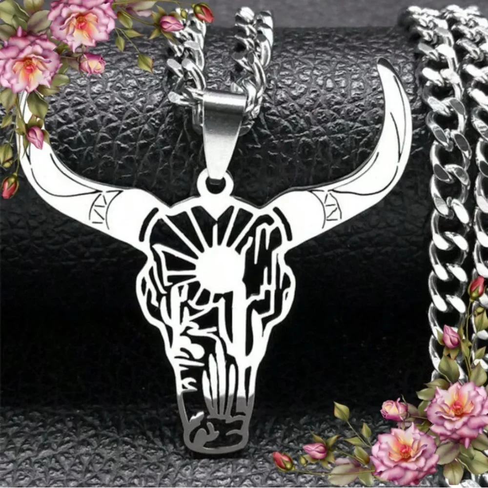 Silver Bull Skull‎ Pendant Necklace